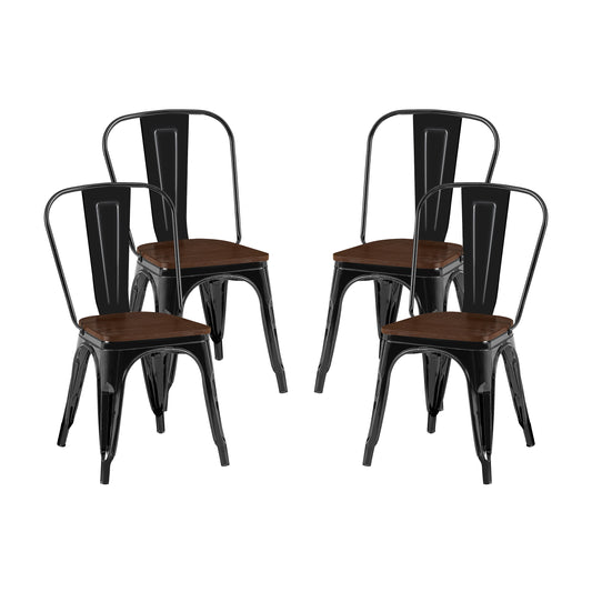 High Gloss White with Walnut Wooden Seat Industrial Metal Dining Chairs 18 Inch Seat Height Stackable, Set of 2