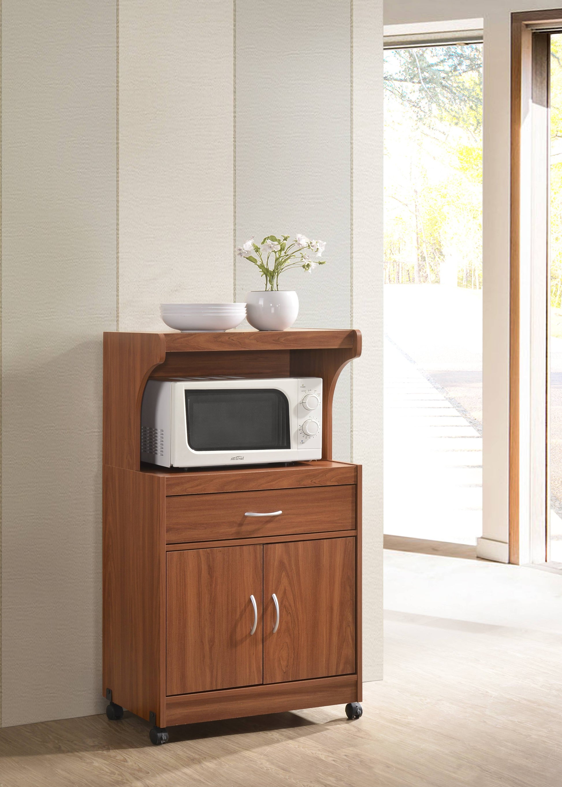 Hodedah Microwave Contemporary Wooden Kitchen Cart in Cherry Finish