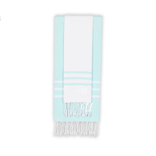 Home Alara 100% Turkish Cotton Monogrammed White and Aqua Pestemal Beach Towel Set