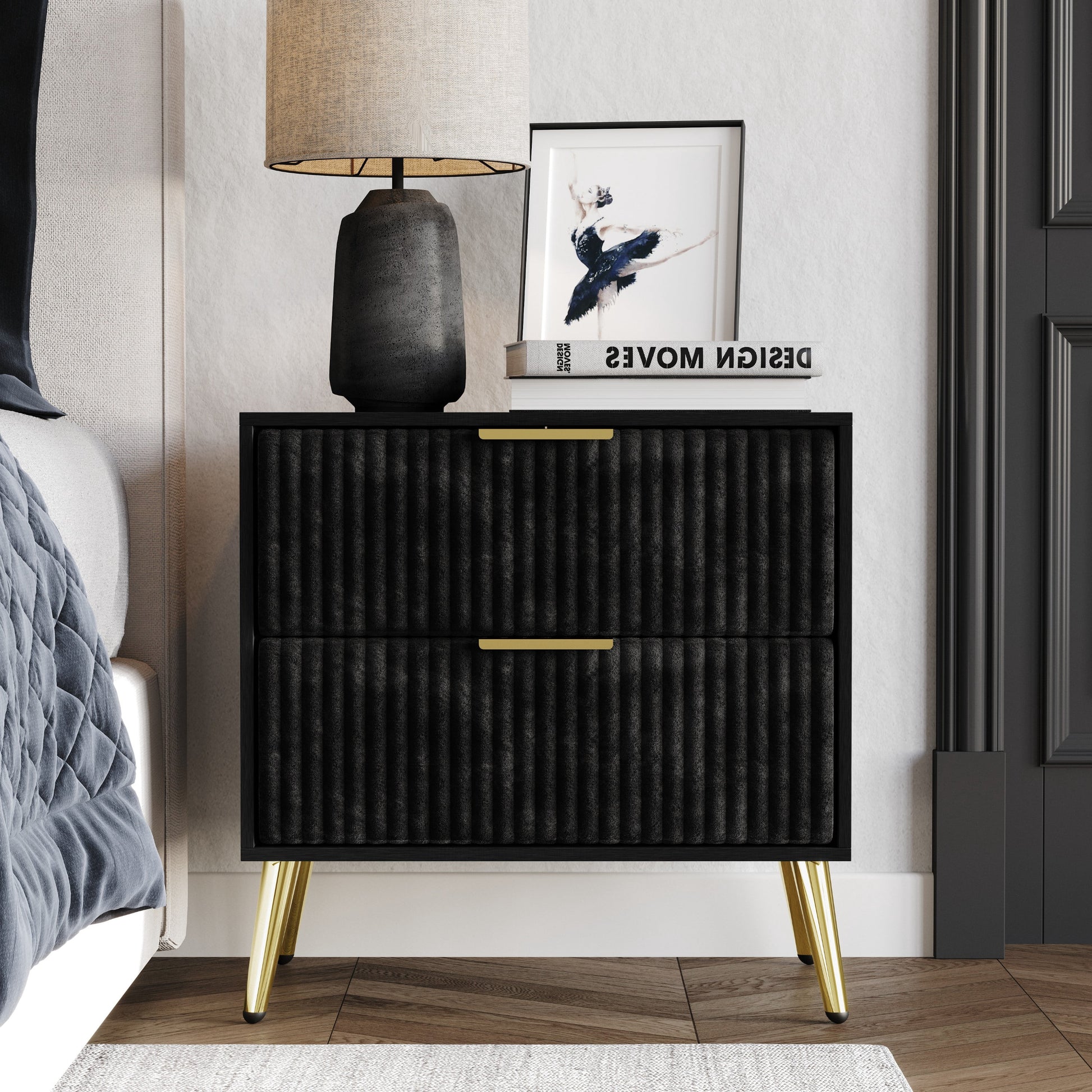 Home Design Alva 2 Drawer Nightstand with Gold-Accented Handles and Tapered Legs, Black, Easy Assembly