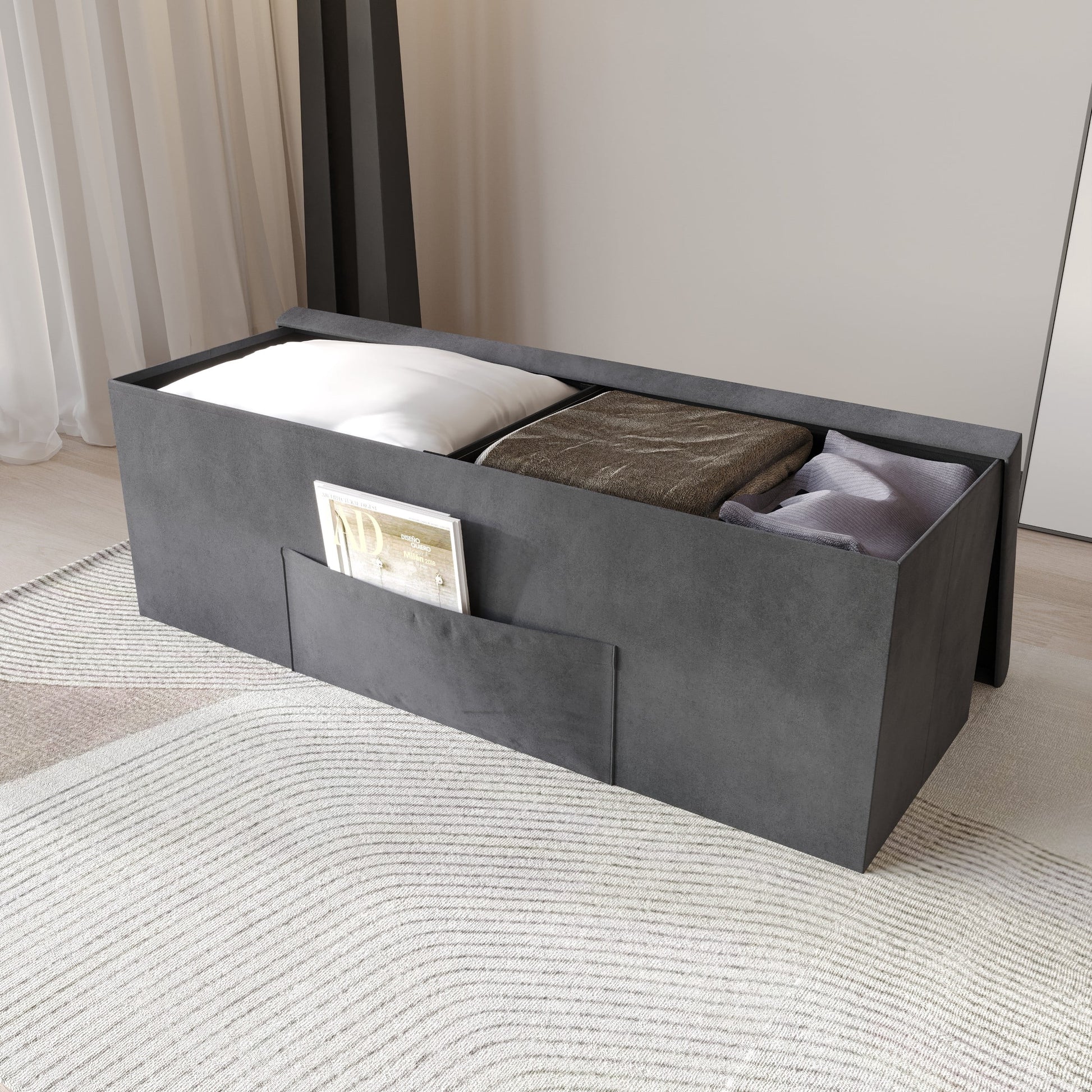 Home Design Chico 42" Tufted Upholstered Folding Storage Bench with Deep Cushion and Front Pocket, Multi-Purpose Rectangular Design for Bedroom, Entryway, or Living Room, Dark Gray