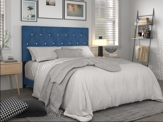 Home Design Concetta Queen Tufted Upholstered Adjustable Headboard, Blue, Velvet with Diamond Button Tufting, Modern Bedroom Furniture