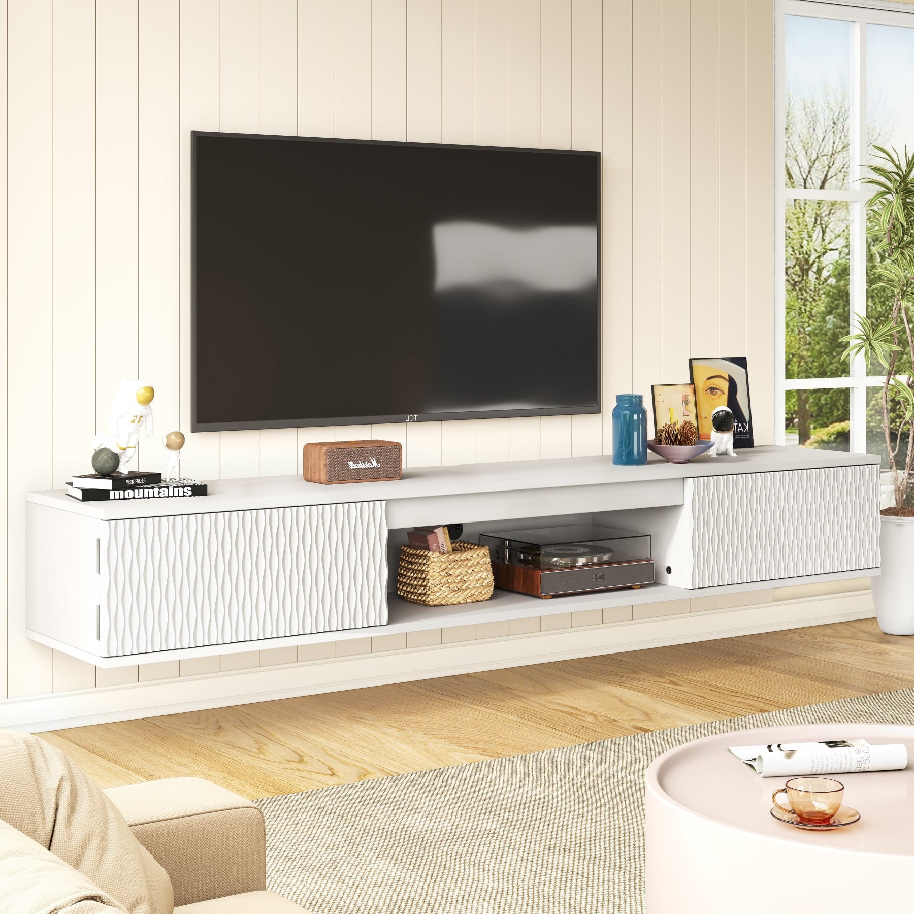 Hommoo Modern LED TV Stand, Rhombus Carved Surface Wall-Mounted TV Cabinet with Double Doors &Open Shelf, Entertainment Center with Storage, White