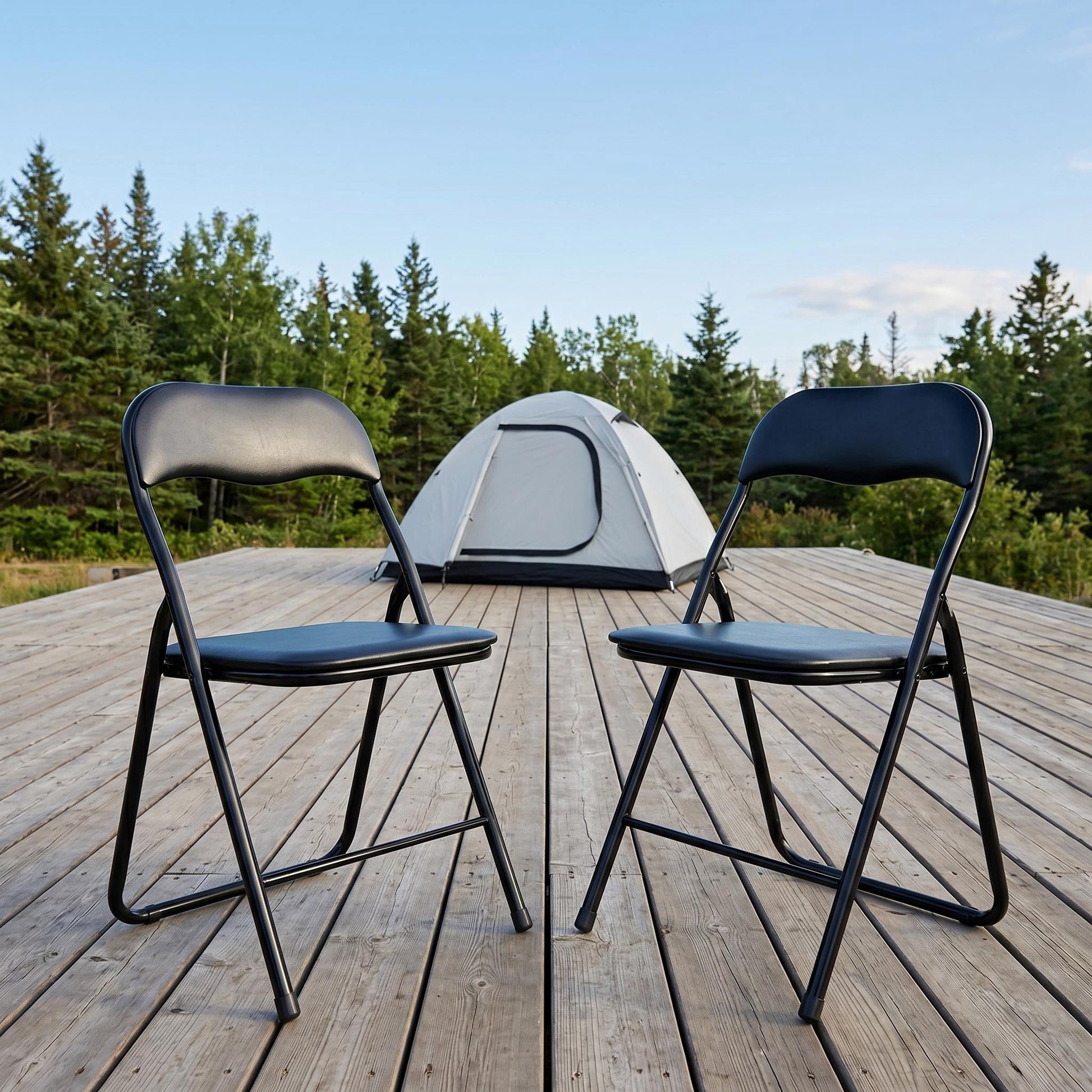 Homy Casa 4-Pack Outdoor Folding Chairs with Padded PVC Seat and Back, Black Metal Frame
