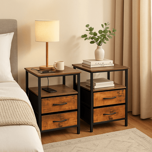 Homy Casa 2-Pack Nightstands with USB Ports and Drawers, Bedside Charging Table for Bedroom, Brown