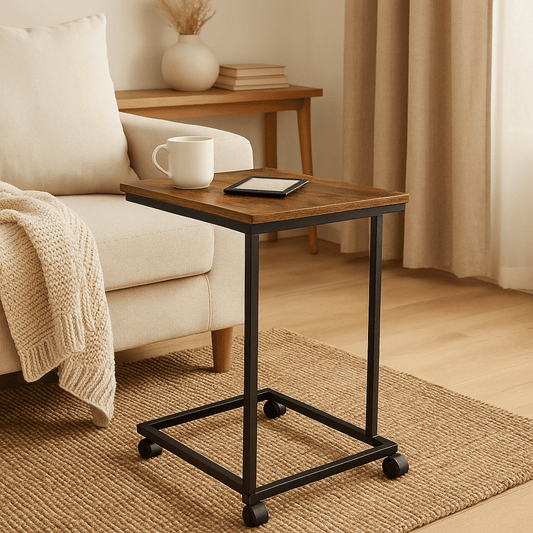Homy Casa C-Shaped End Table with Wheels for Sofa Side, Bedside & Reading Corner Use, Brown