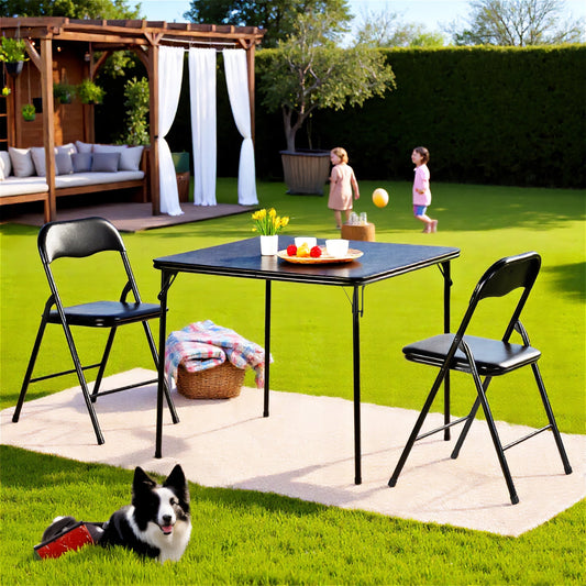 Homy Casa 3-Piece Folding Dining Set with 33.9in Square Table and 2 Metal Chairs, Black