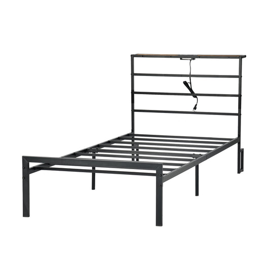 Homy Casa Full Size Metal Bed Frame with Headboard, Built-in Power Outlet, Sturdy Support for Single Beds, Black