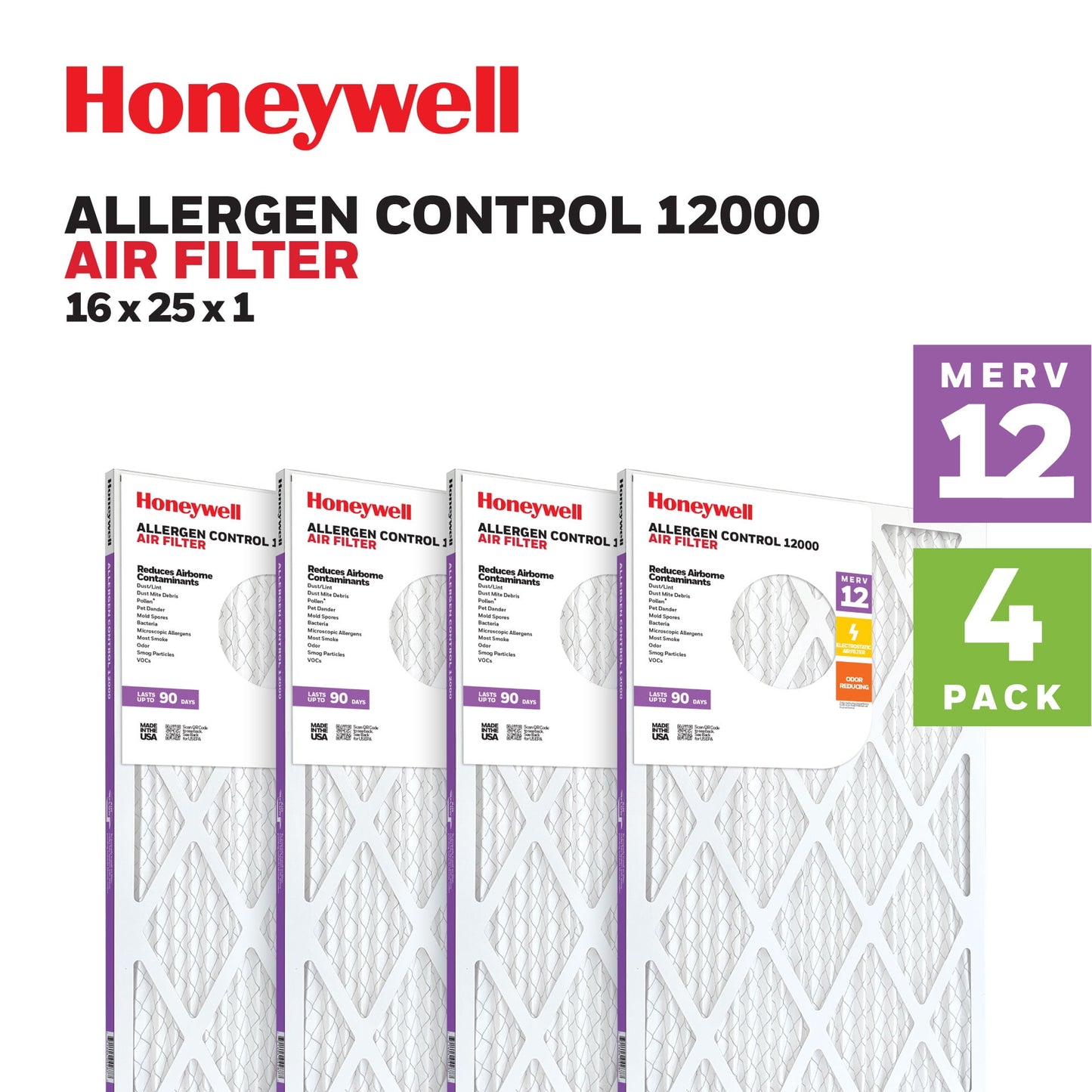 Honeywell 16x25x1 MERV 12 Pleated HVAC Furnace Air Filter -4 Pack