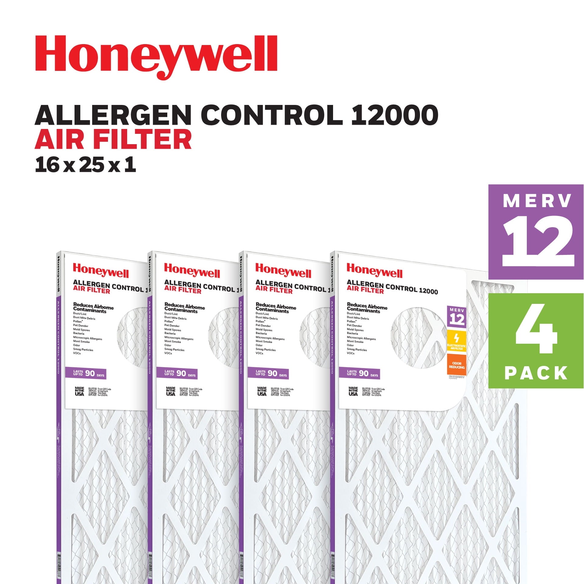 Honeywell 16x25x1 MERV 12 Pleated HVAC Furnace Air Filter -4 Pack