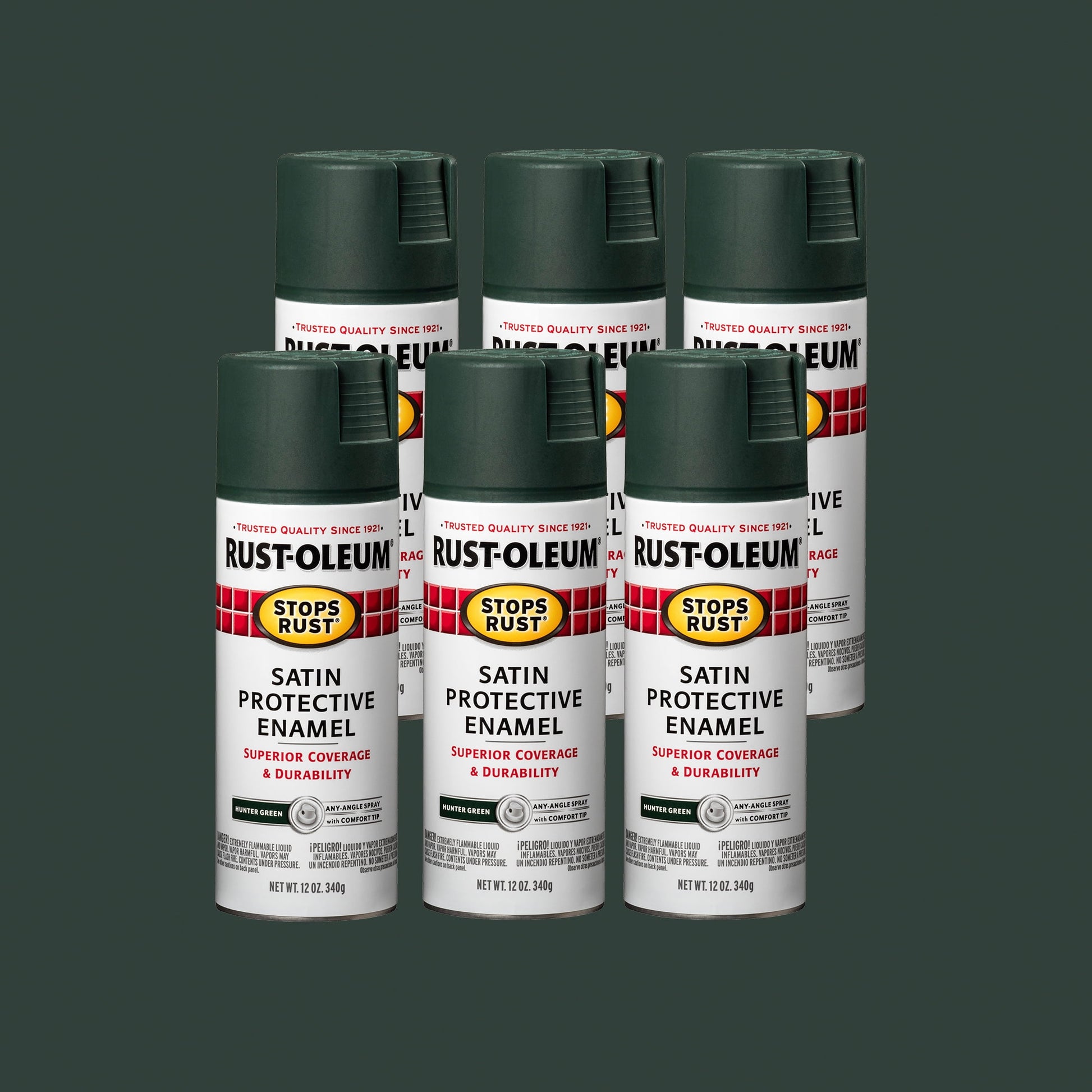 6 Pack, Hunter Green, Rust-Oleum Stops Rust Satin Protective Enamel Spray Paint-7732830, 12 oz