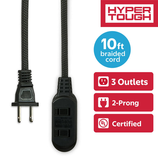 Hyper Tough Indoor Extension Cord 10 ft with 3 Outlets, 2 Prong, Braided Cord, Black