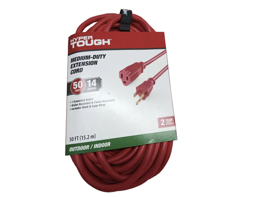 Hyper Tough 50FT 14AWG 3 Prong Red Extension Cord for Indoor and Outdoor Use, 15 Amps