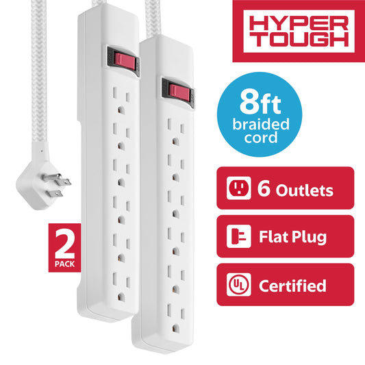 (4 pack) Hyper Tough 6-Outlet Indoor Power Strip, 8 ft Braided Extension Cord, ETL Certified, White, 2-Pack