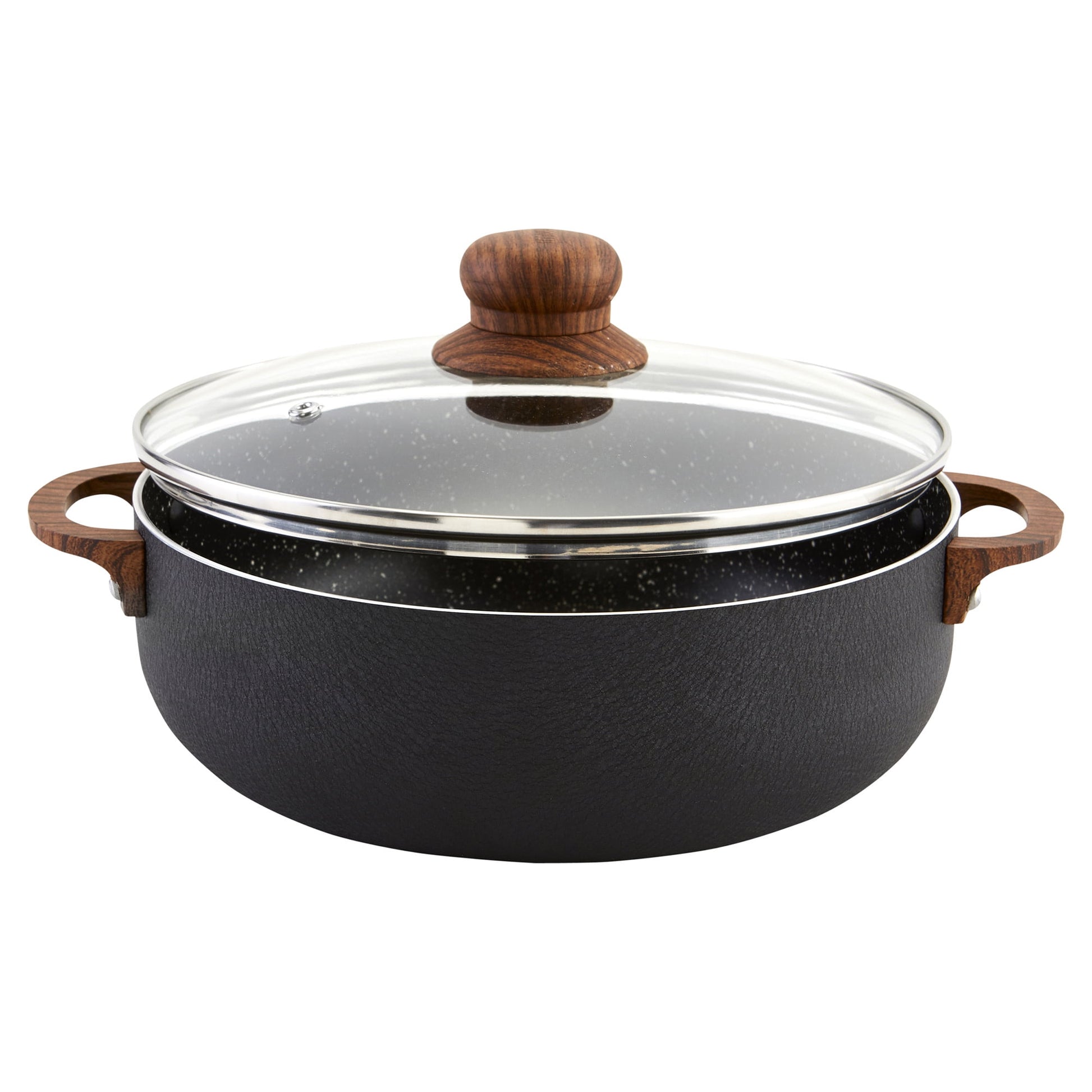 IMUSA 4.4qt Black Stone Aluminum Speckled Nonstick Caldero with Glass Lid & Wood Look Handles, Black