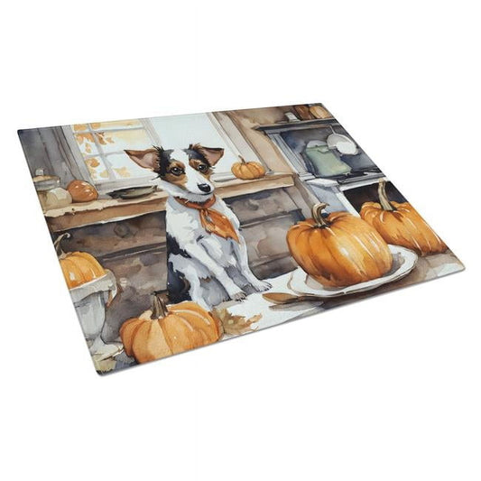 Jack Russell Terrier Fall Kitchen Pumpkins Glass Cutting Board Large 12 in x 15 in