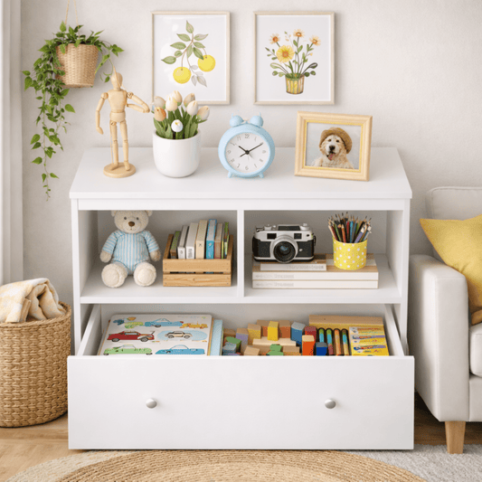Jopath Kids Toy Storage Organizer with Drawer,Wooden Bookshelf for Playroom & Bedroom,White