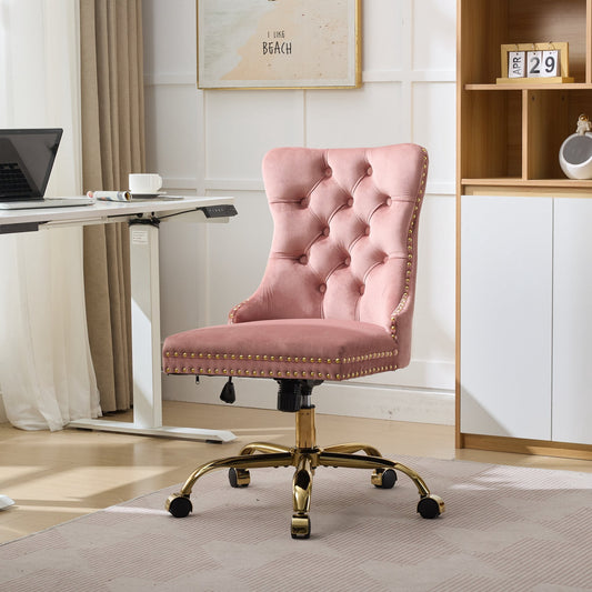 Jopath Velvet Home Office Desk Chair with Wheels & Gold Base, Makeup Vanity Chair with Tufted Back, Adjustable Desk Chair Swivel Office Chair for Bedroom, Pink