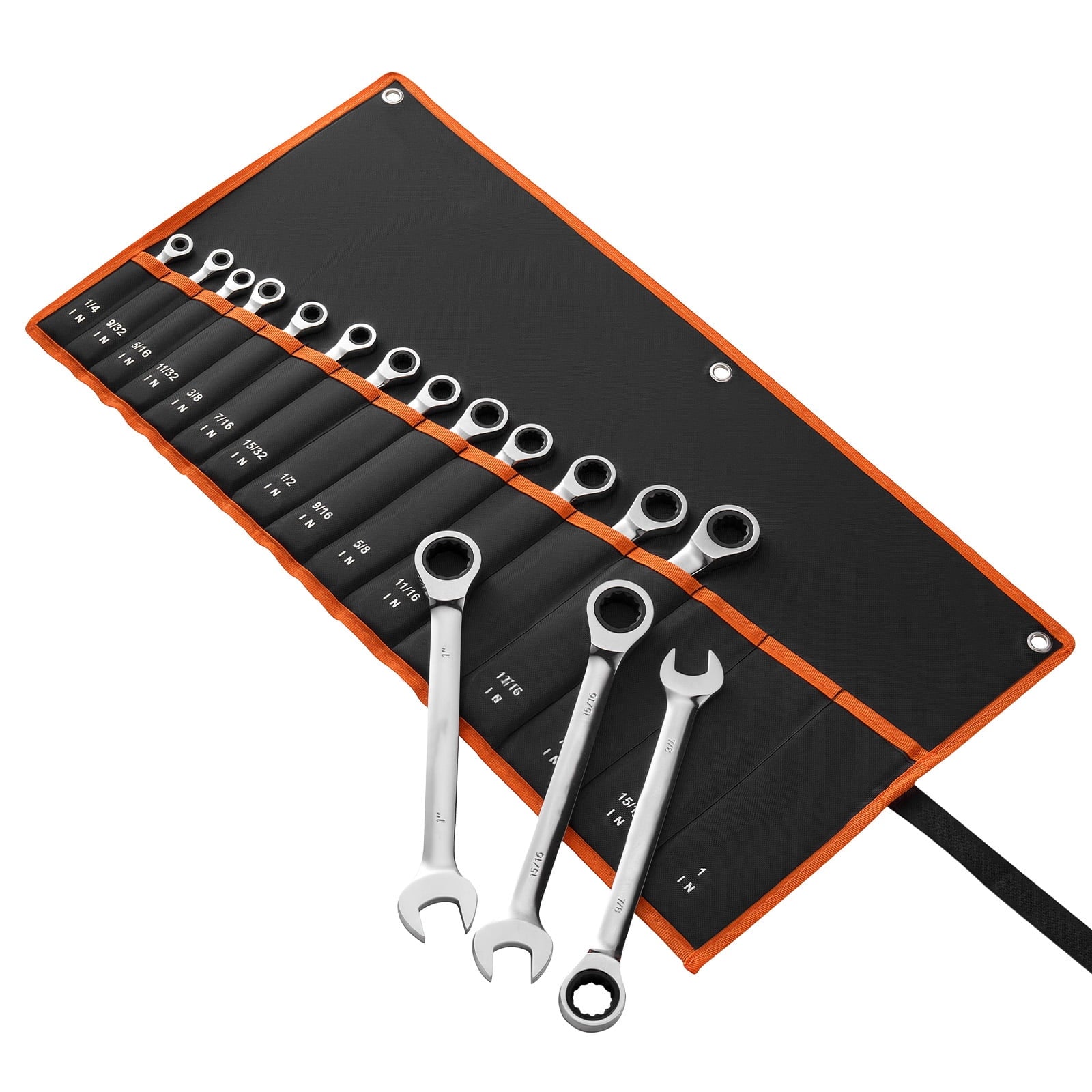 KFFKFF 16-Piece SAE Ratcheting Wrench Set, Cr-V Steel Construction, 72-Tooth Design, Includes Roll-Up Pouch, Open-End Wrenches with Clear Size Markings, Ideal for Household and Automotive Maintenance