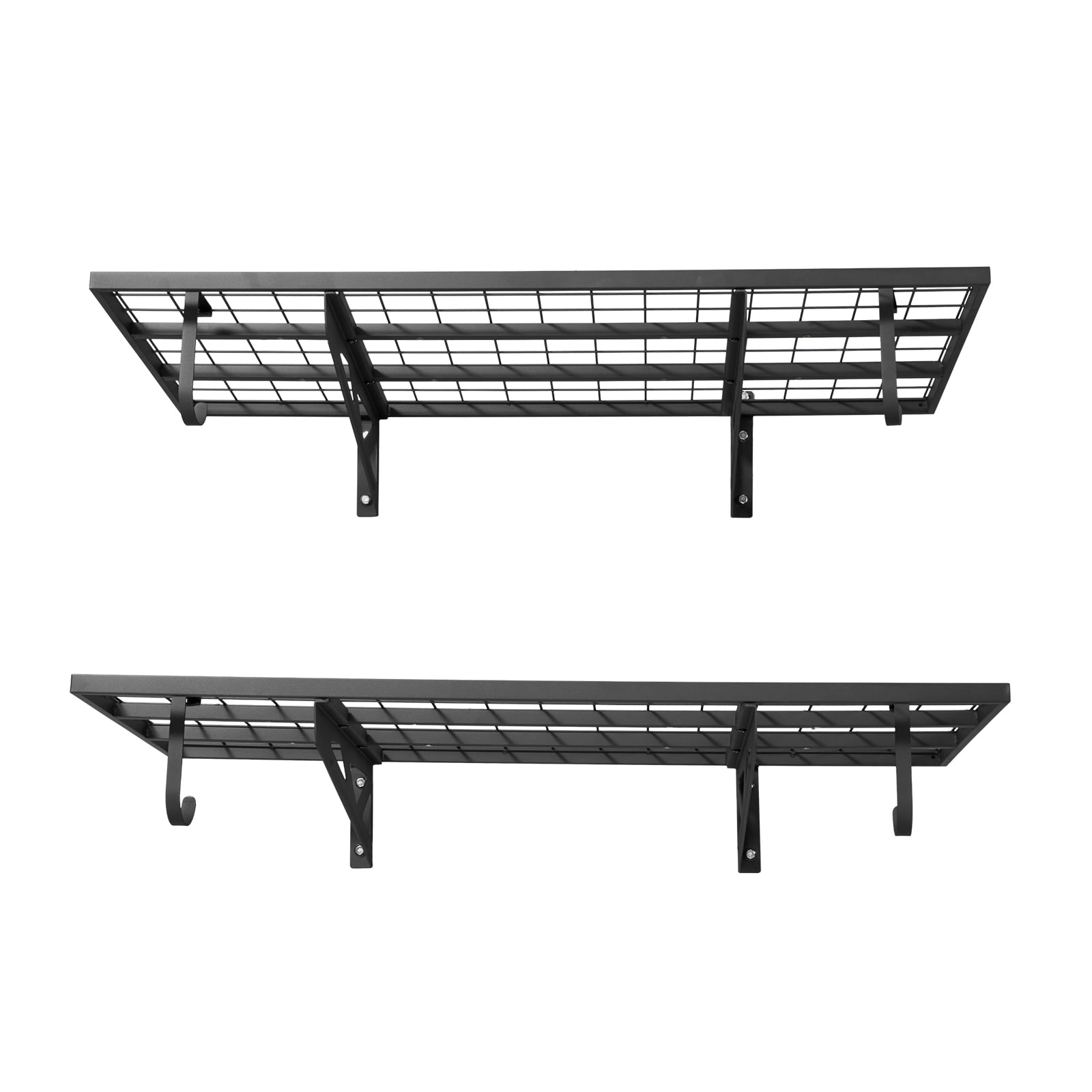 KFFKFF 2-Tier Steel Wall-Mounted Garage Shelving, 2 x 4 ft Heavy-Duty Storage Unit with Hooks, 24 x 48 Inch Floating Metal Racks, 500 lbs Total Weight Capacity, Black