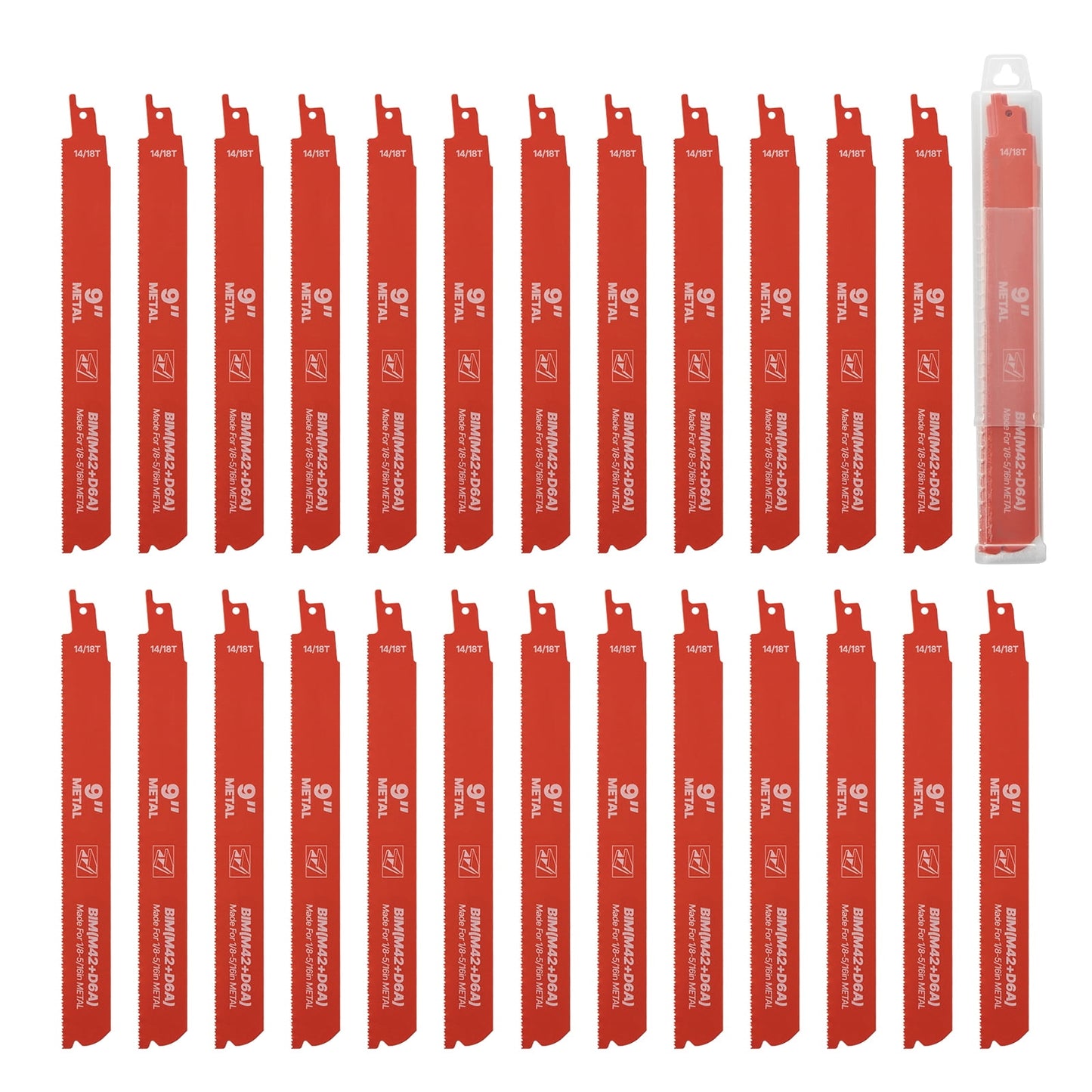 KFFKFF 25-Piece Bi-Metal Reciprocating Saw Blade Set, 14/18 TPI, Universal Shank, Designed for Smooth and Efficient Cuts in Medium Metals (1/8-5/16 inch), Orange