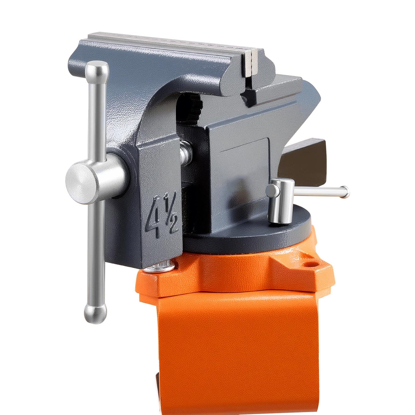 KFFKFF 4.5-Inch Bench Vise with 270Â° Swivel Base, Portable Workbench Clamp, Quick-Release Mechanism, Durable Cast Iron Build, Ideal for Woodworking, Metalworking, Drilling, and Cutting Tasks