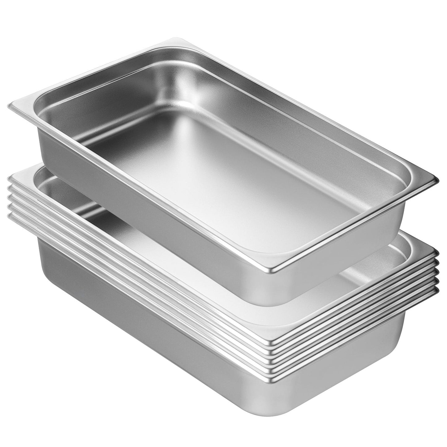 KFFKFF 6 Set Full-Size Steam Pans, Anti-Jam, 0.8mm Durable Stainless Steel, 4-Inch Depth, for Restaurants & Catering, Food Storage, Industrial Use