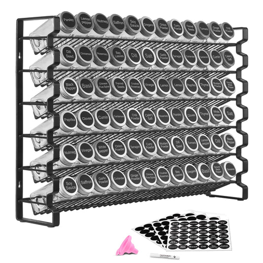 KFFKFF Cabinet Spice Storage Solution, Comes with 72 Blank Spice Containers, Caps, Spice Identifiers, and Funnel Full Kit, Condiment Holder for Kitchen Counter, Pantry, Closet