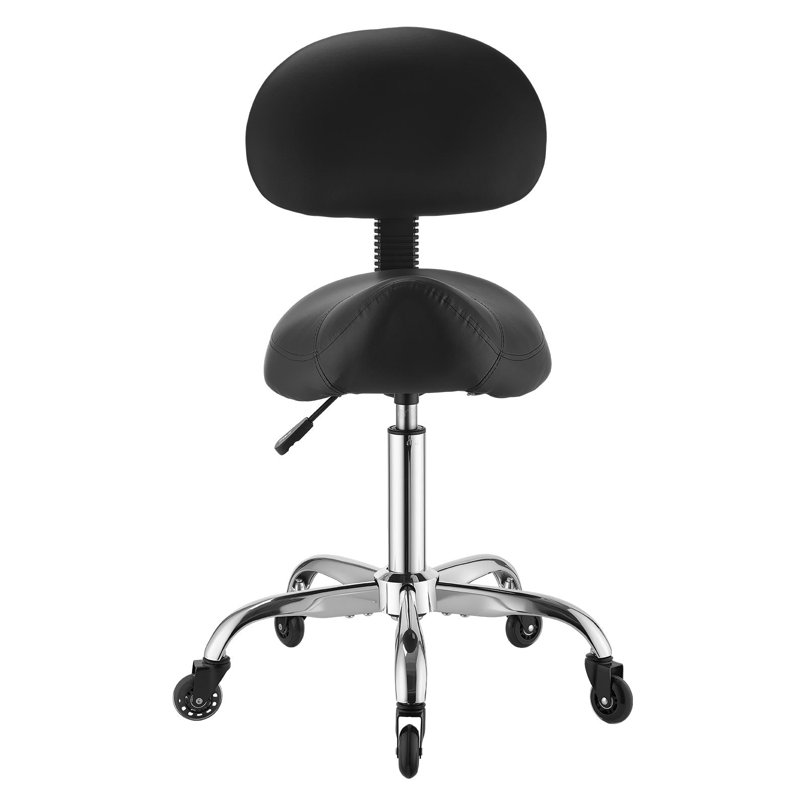 KFFKFF Ergonomic Saddle Stool with Backrest, 500 lbs Capacity, Adjustable Height, Smooth Casters, PU Leather Seat, 360Â° Swivel Rolling Chair for Salon, Spa, Bar, Medical Use, Black