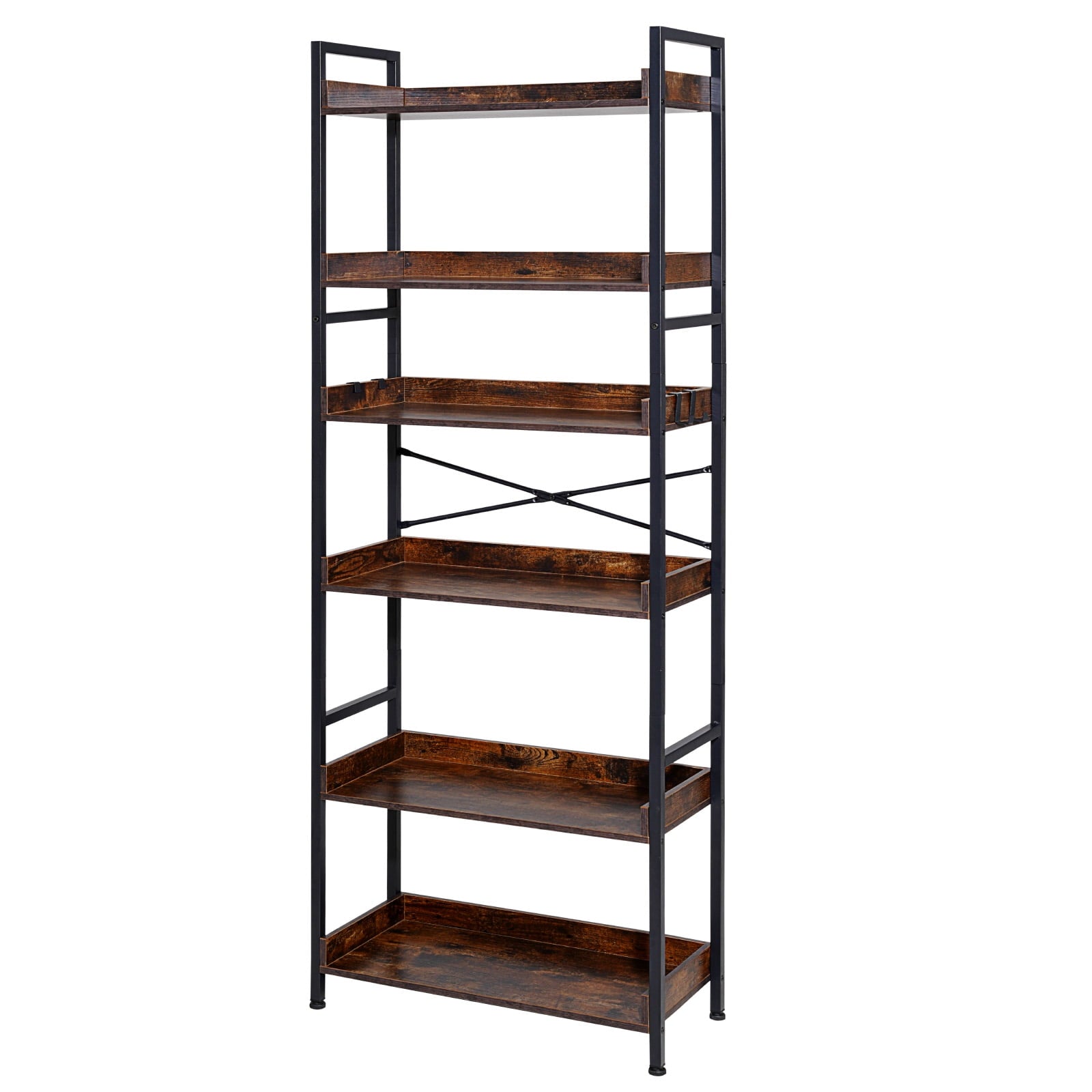 KFFKFF Industrial 6-Tier Bookshelf, Vintage Ladder-Style Shelf with Metal Frame, Open Shelving Unit for Living Room, Bedroom, Kitchen, Home Office, Rustic Brown
