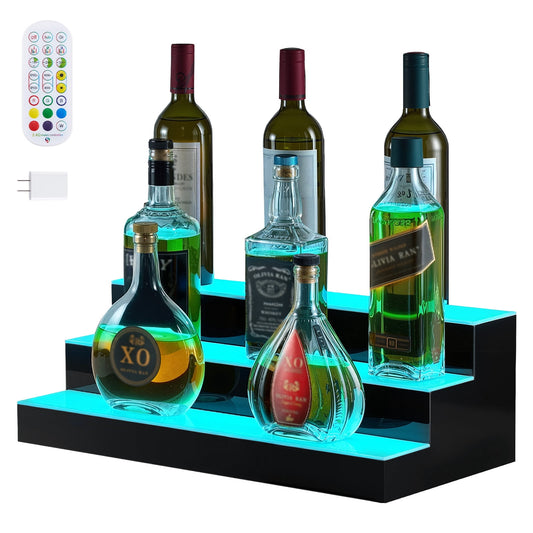KFFKFF LED Lighted Liquor Bottle Display, 3-Tier 20-Inch Whiskey Rack with USB Support, Illuminated Bar Shelf with RF Remote & App Control, 9 Color Options, Acrylic Shelf for 15 Bottles