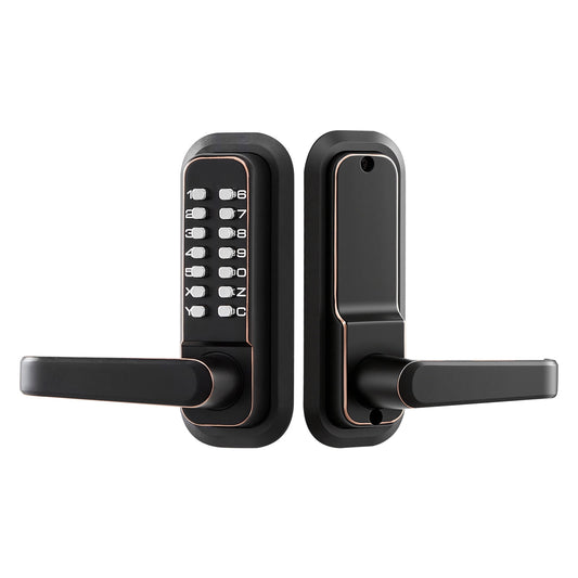 KFFKFF Mechanical Keyless Entry Door Lock, Upgraded 2.0 Code System, 4-7 Digit Combination, Single-Sided Push Button Keypad with Handle, Auto Locking Feature, Oil-Rubbed Bronze Finish
