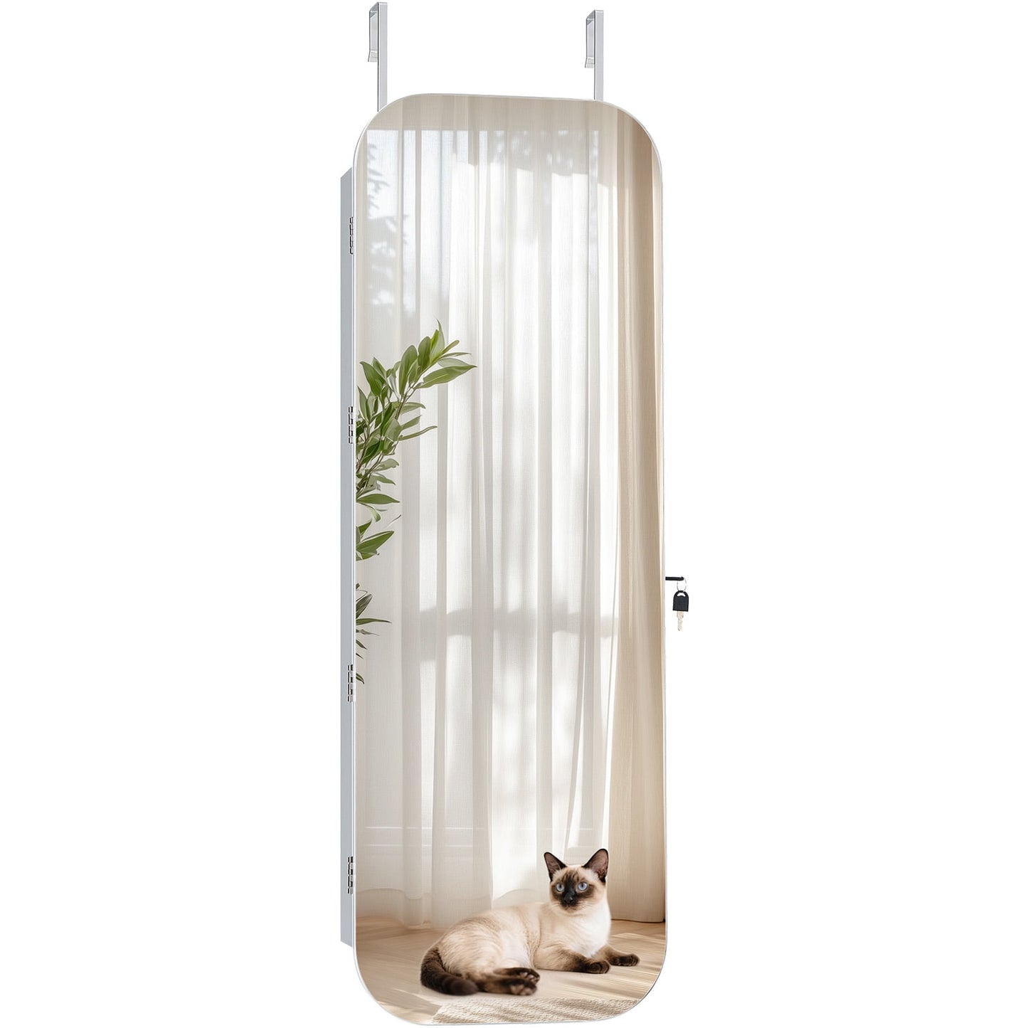 KFFKFF Mirror Jewelry Cabinet, 42.5-inch Tall, Full-Length Mirror with Storage, Wall Mount or Over-the-Door Organizer, Rounded Design, Lockable with Keys and Includes Travel Organizer, White
