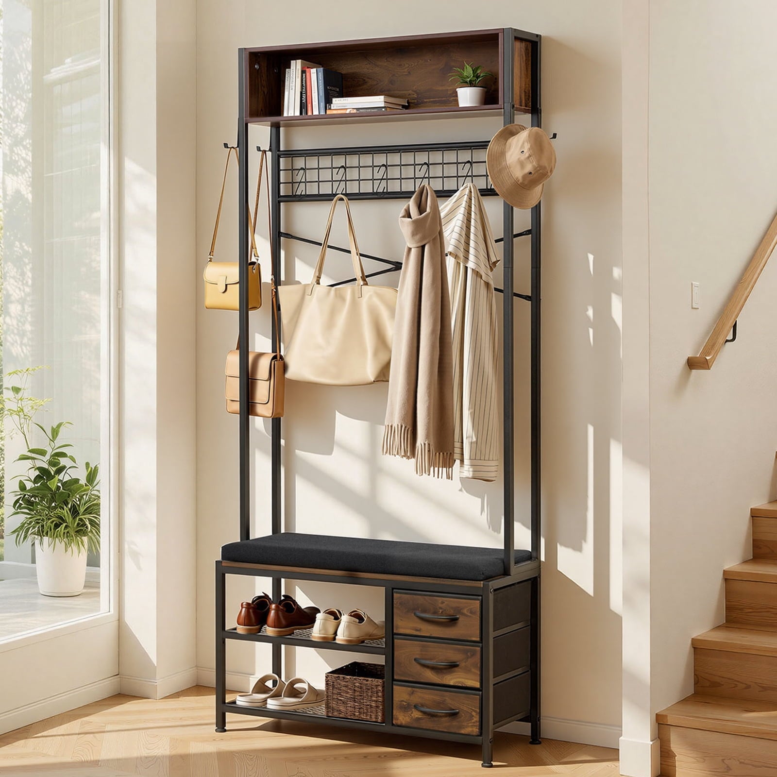 KFFKFF Multifunctional Hall Tree, 70.9 in Coat Rack with Shoe Bench & 3 Drawers, 3-in-1 Freestanding Organizer with Bookshelf & Wire Shelf, Steel Frame Storage Solution for Entryway,Bedroom,or Closet