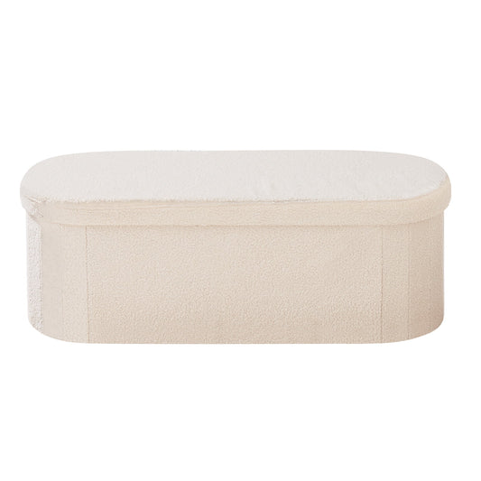 KFFKFF Oval Storage Ottoman Bench, Foldable Teddy Fleece Upholstered Bench with Spacious Storage, Supports 660 lbs, Ideal for Living Room, Bedroom, or Entryway, Beige