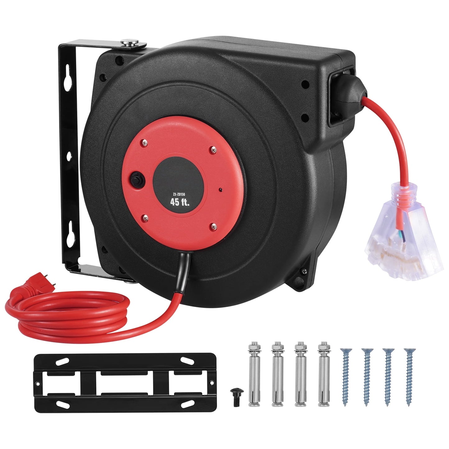 KFFKFF Retractable Power Cable Reel, 45 FT, Durable 12AWG/3C SJTOW Cable with Illuminated Triple Outlet, 15 Amp Overload Protection, 180Â° Rotatable Bracket for Wall or Ceiling Installation