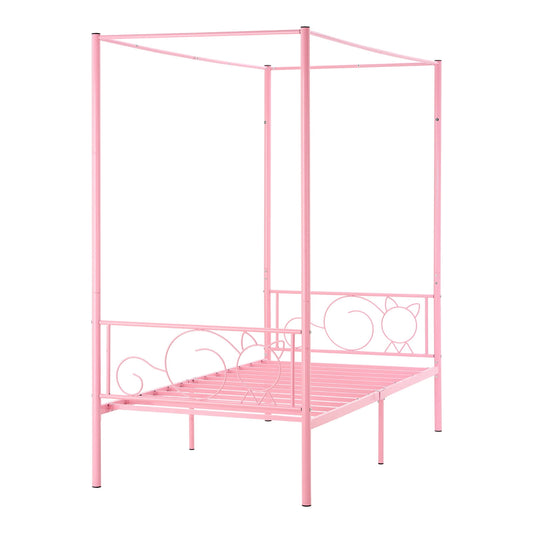 KFFKFF Bed Frame, Twin Size Metal Canopy, Four Poster Design, Pink