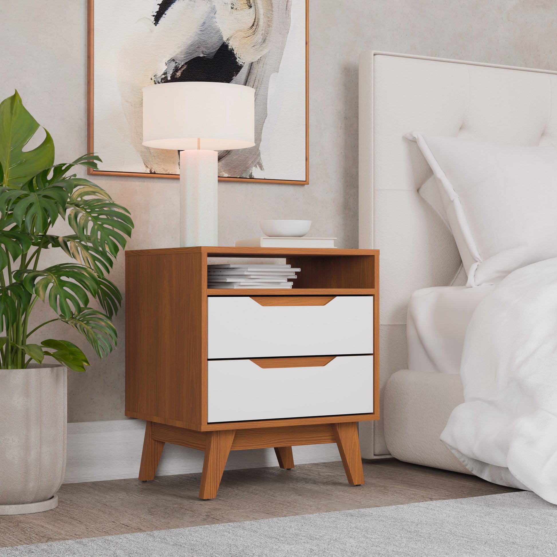Kappesberg Paris 2-Drawer Nightstand with Open Shelf and Built-in Handles - Golden Oak/White - for Adults and Teens