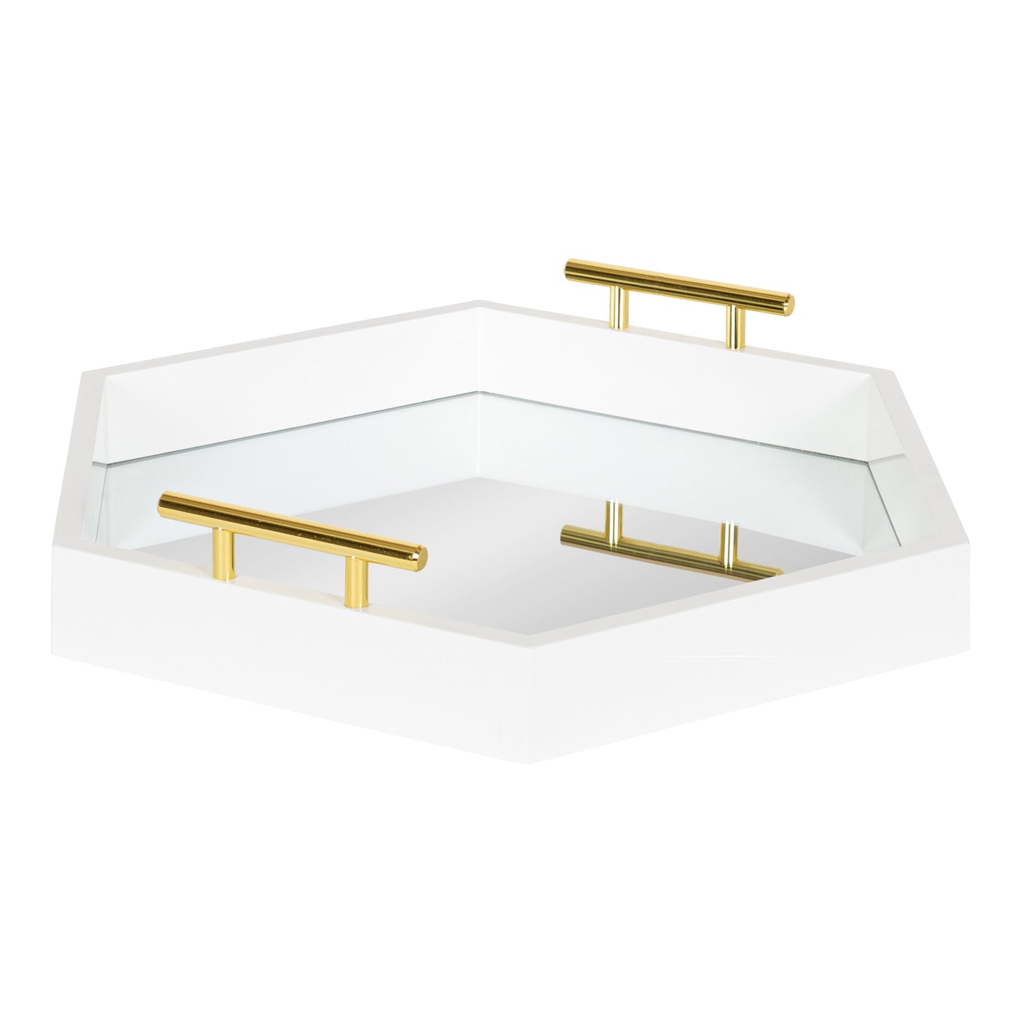 Kate and Laurel Lipton Modern Hexagon Mirrored Tray, 18 x 18, White and Gold, Midcentury Decorative Serving Tray for Storage and Display
