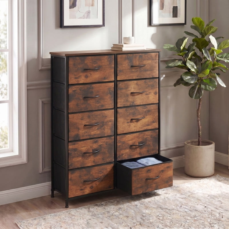 Kelno 10 Drawer Fabric Dresser Storage Tower Chest Organizer with Wood Top Steel Frame, Rustic Brown