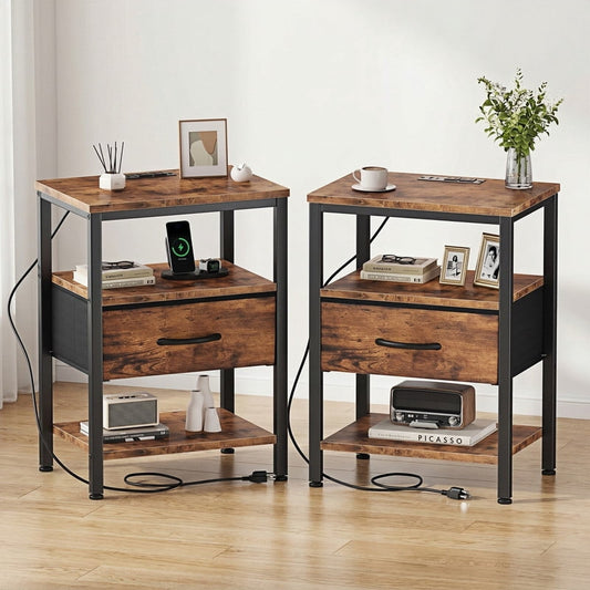 Kelno 2PCS Nightstand with Fabric Drawer Charging Station USB TypeC Outlets Small Bedside Table with Adjustable Shelf, Rustic Brown