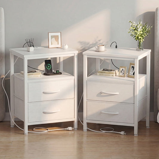 Kelno 2PCS Nightstand with 2 Fabric Drawers Charging Station USB TypeC Outlets Small Bedside Table with Open Storage Shelf, White