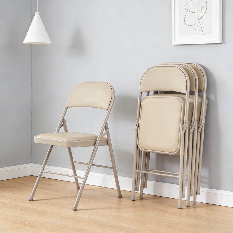 Kelno 4 Pack Folding Chair Leather Padded Seat Portable Chair, Khaki