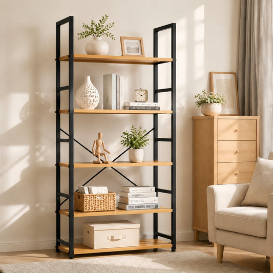 Kelno 5-Tier Bookshelf 62"x24" Industrial Storage Shelf Free Standing Bookcase Metal Frame Bookcase with Open Storage Shelves, Oak
