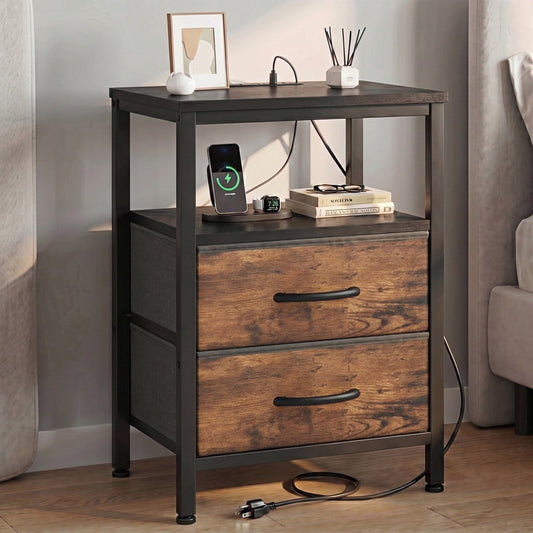 Kelno Mesa de Noche con 2 Cajones de Tela EstaciÃ³n de Carga USB TypeC Tomacorrientes Mesa de Noche PequeÃ±a con Tablero de Madera Estante de Almacenamiento Abierto, Negro MarrÃ³n