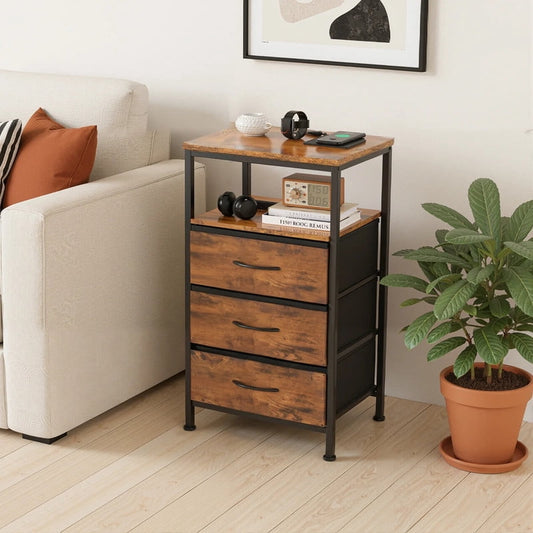 Kelno Nightstand with Charging Station Variable LED Strip End Table with 4 Fabric Drawers USB TypeC Outlets,Rustic Brown