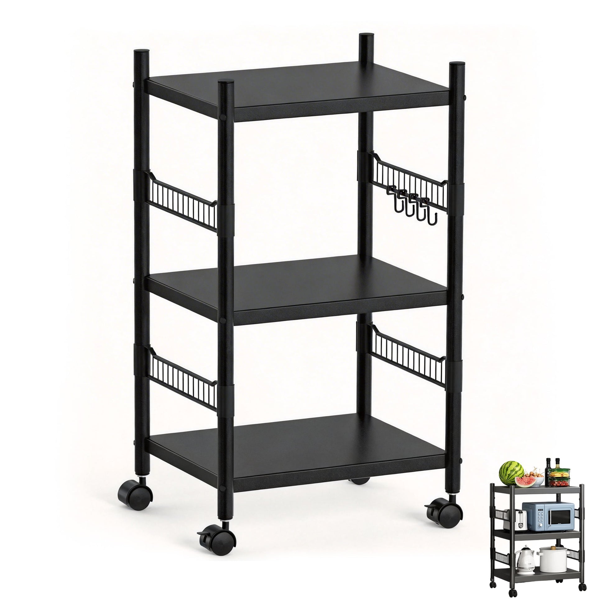 3-Tier Kitchen Microwave Cart, Rolling Utility Storage Cart, Utility Shelf Microwave Stand Storage Cart with Wheels and 4 Hooks, Microwave Oven Storage Cart for kitchens Bathrooms Offices
