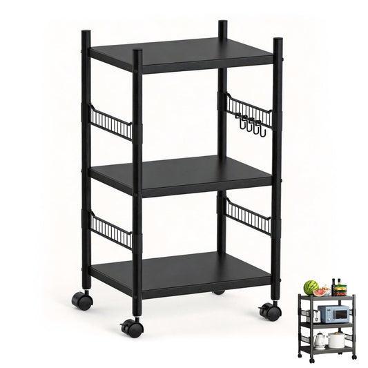 3-Tier Kitchen Microwave Cart, Rolling Utility Storage Cart, Utility Shelf Microwave Stand Storage Cart with Wheels and 4 Hooks, Microwave Oven Storage Cart for kitchens Bathrooms Offices