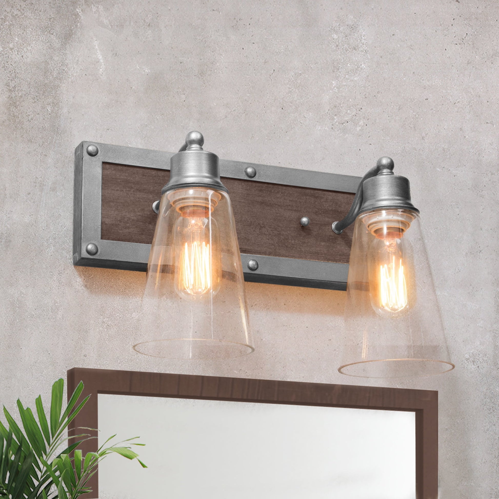 LNC Sabrina 14-in Antique Silver and Distressed Wood Bathroom Vanity Light, Farmhouse, 2-Light