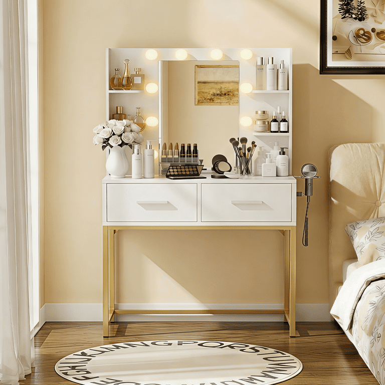 Lacoo Makeup Vanity with LED Lights & Charging Station, Vanity Set with 4 Shelves & 2 Storage Drawers, Vanity Table for Bedroom, White